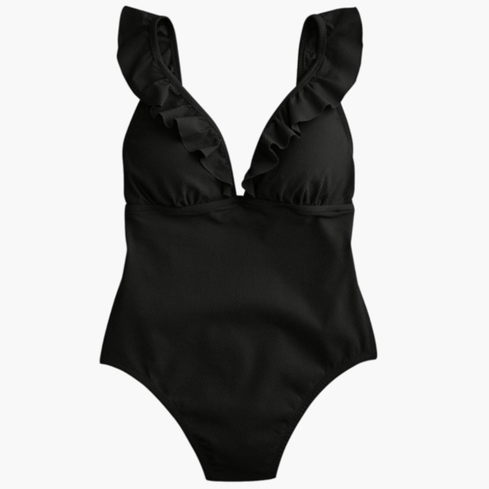 J Crew Ruffle Plunge V-Neck One Piece Swimsuit Black Womens Sz 12 Beach Minimal